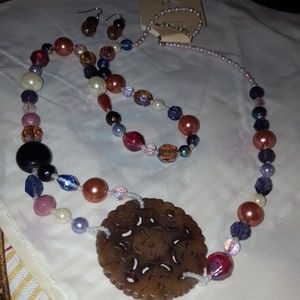 2pc NW vintage carved coral pendantNECKLACE earring set multi color beads 34”